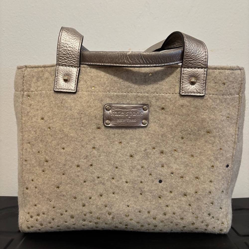 Kate Spade Quinn Rhinestone Felt Tote Handbag Oatmeal (Light Gray)